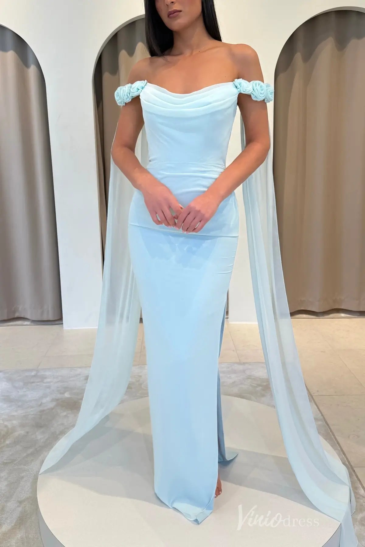 Light Blue Off-Shoulder Dress with Draped Bodice and Rosette Straps – SS052 – Viniodress
