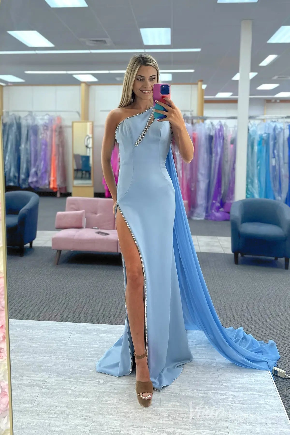 Light Blue One-Shoulder Pageant Dress with Rhinestone Trim and Cape – PG011 – Viniodress
