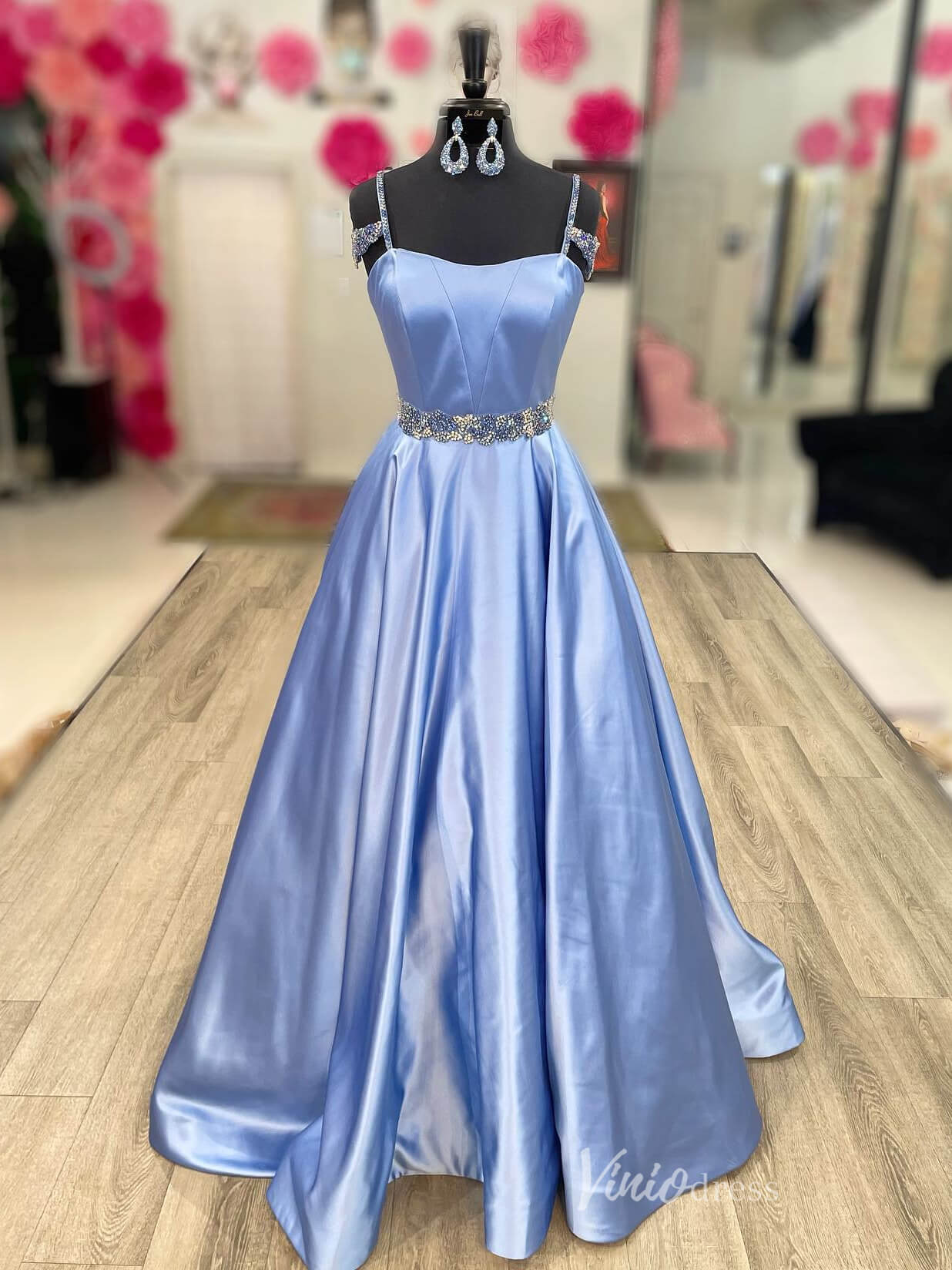Light Blue Satin Off the Shoulder Prom Dresses Beaded Waist FD4078 – Viniodress