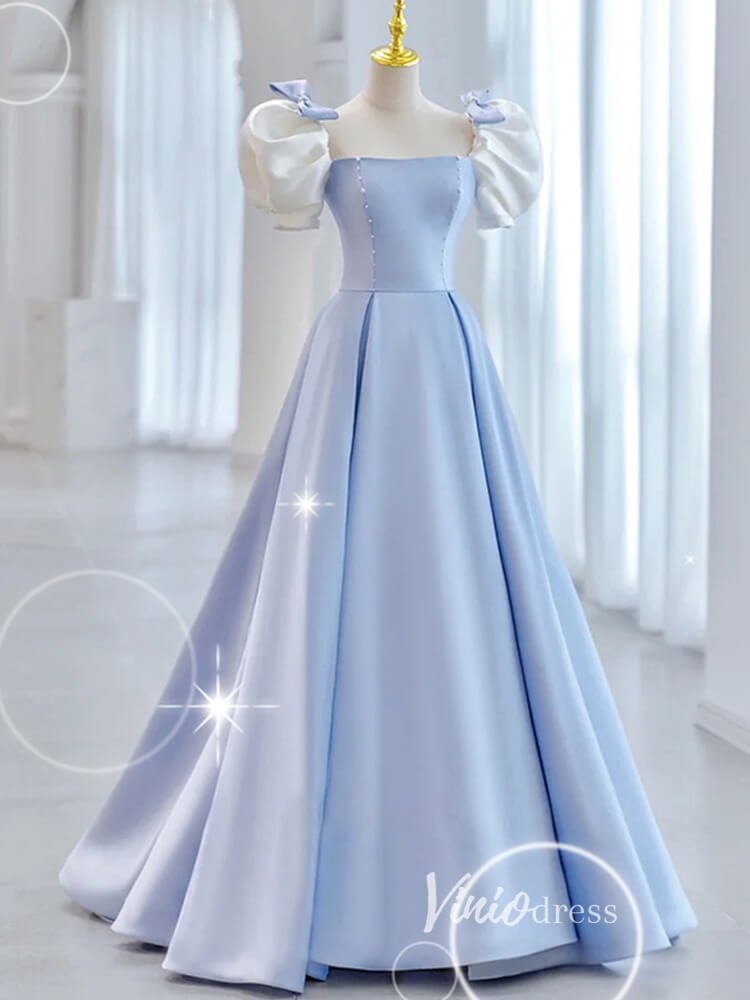Light Blue Satin Prom Dresses Puffed Sleeve Formal Gown FD3247 – Viniodress