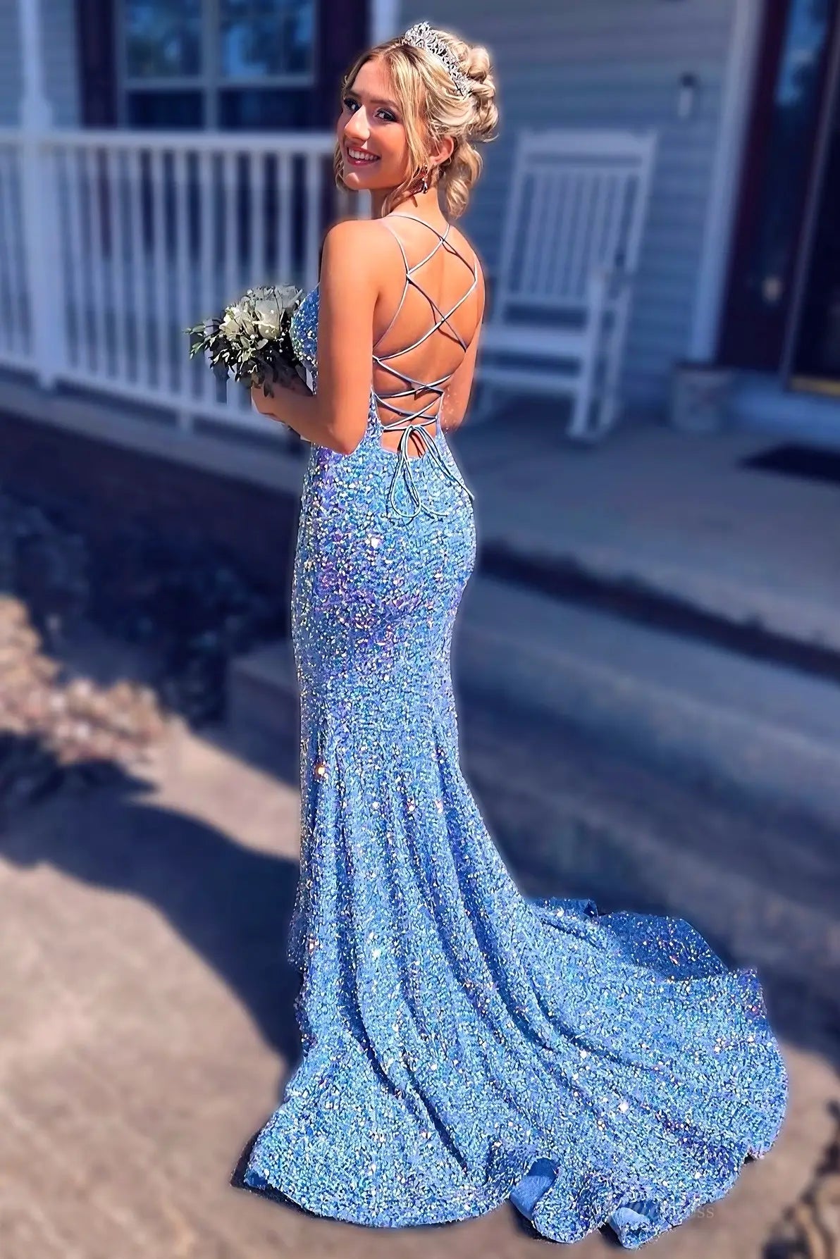 Light Blue Sequin Mermaid Prom Dress, Deep V & Strappy Back