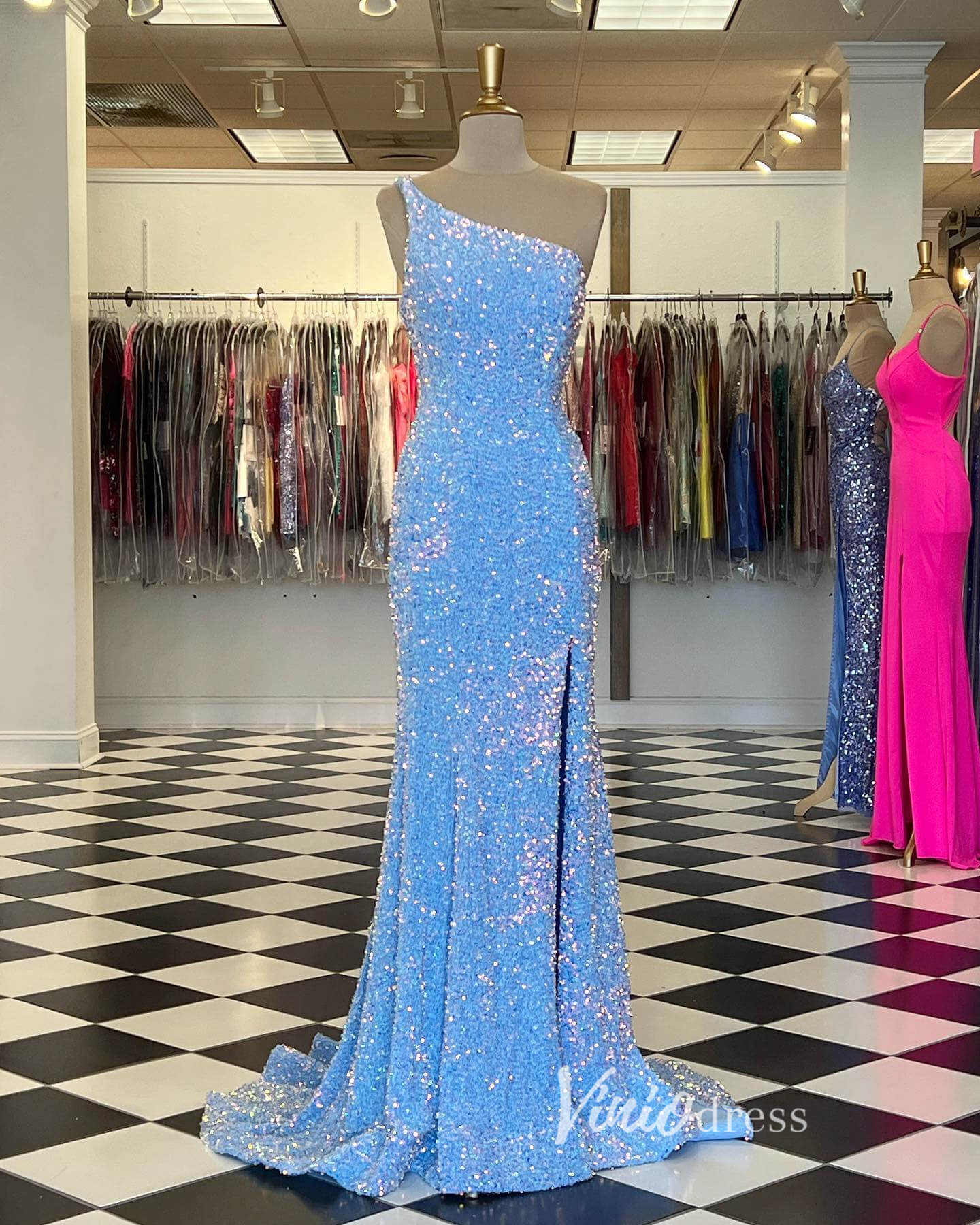 Light Blue Sequin Prom Dresses One Shoulder Mermaid Evening Dress FD33 – Viniodress