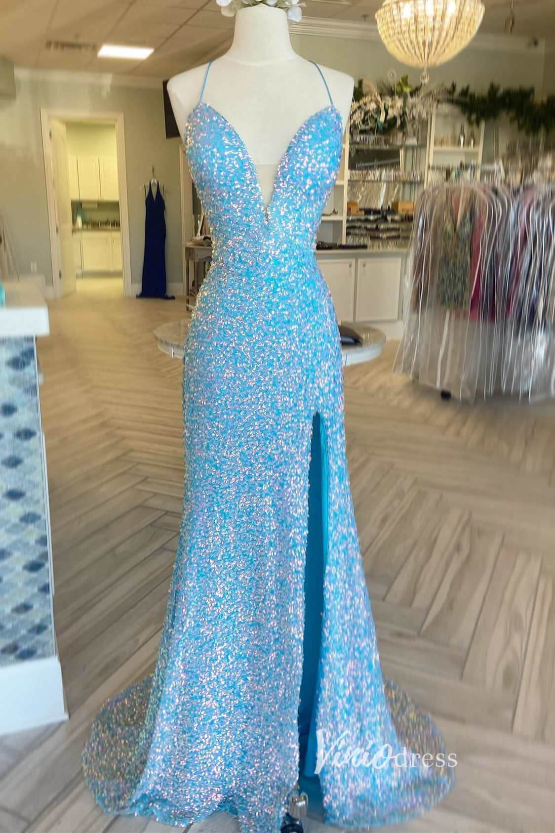Light Blue Sequin Prom Dresses with Slit Mermaid Spaghetti Strap Eveni – Viniodress
