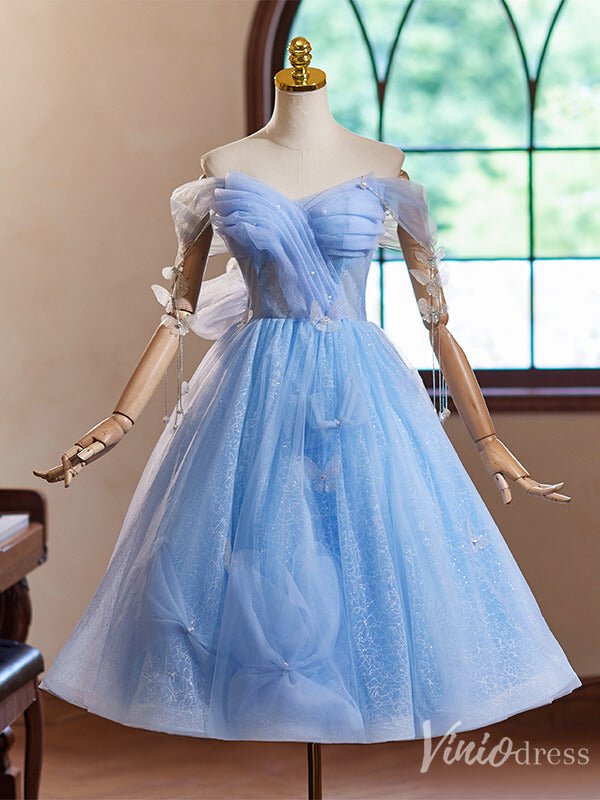 Light Blue Sparkly Tulle Butterfly Homecoming Dress Off the Shoulder Back to School Dress 8012