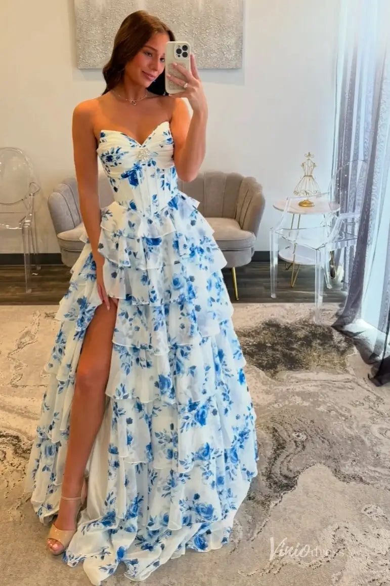 Light Blue Ruffle Floral Strapless Prom Dress with High Slit – RF026 – Viniodress