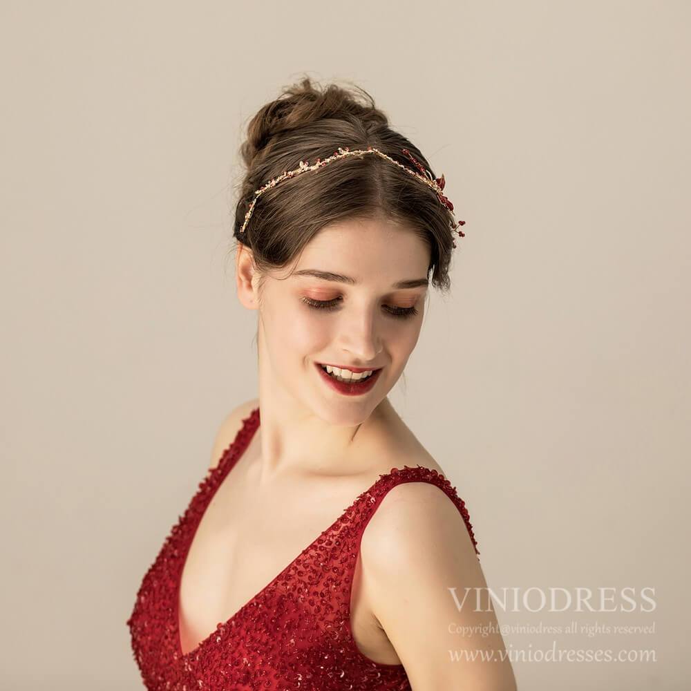 Light Gold and Burgundy Headpiece AC1221-Headpieces 2025 -Viniodress-Headband-