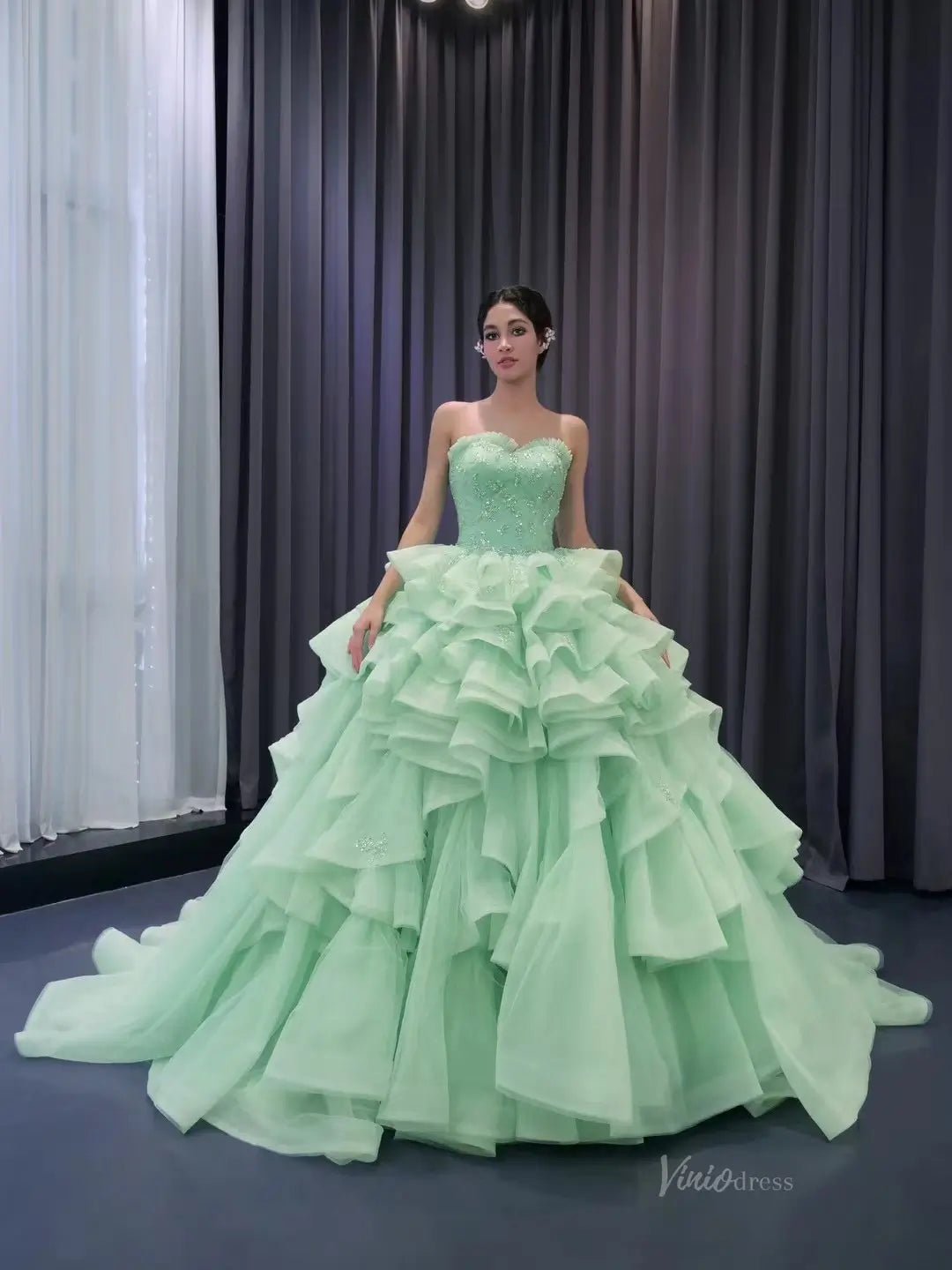 Light Green Ruffle Wedding Gown Beaded Strapless Quinceanera Dress 241 – Viniodress