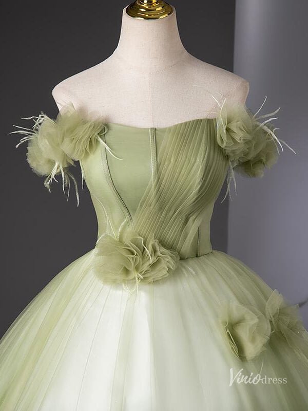 Light Green Tulle Prom Dresses with Flowers, Off the Shoulder Quinceanera Dresses BG041-prom dresses 2025 -Viniodress-Green-Custom Size-