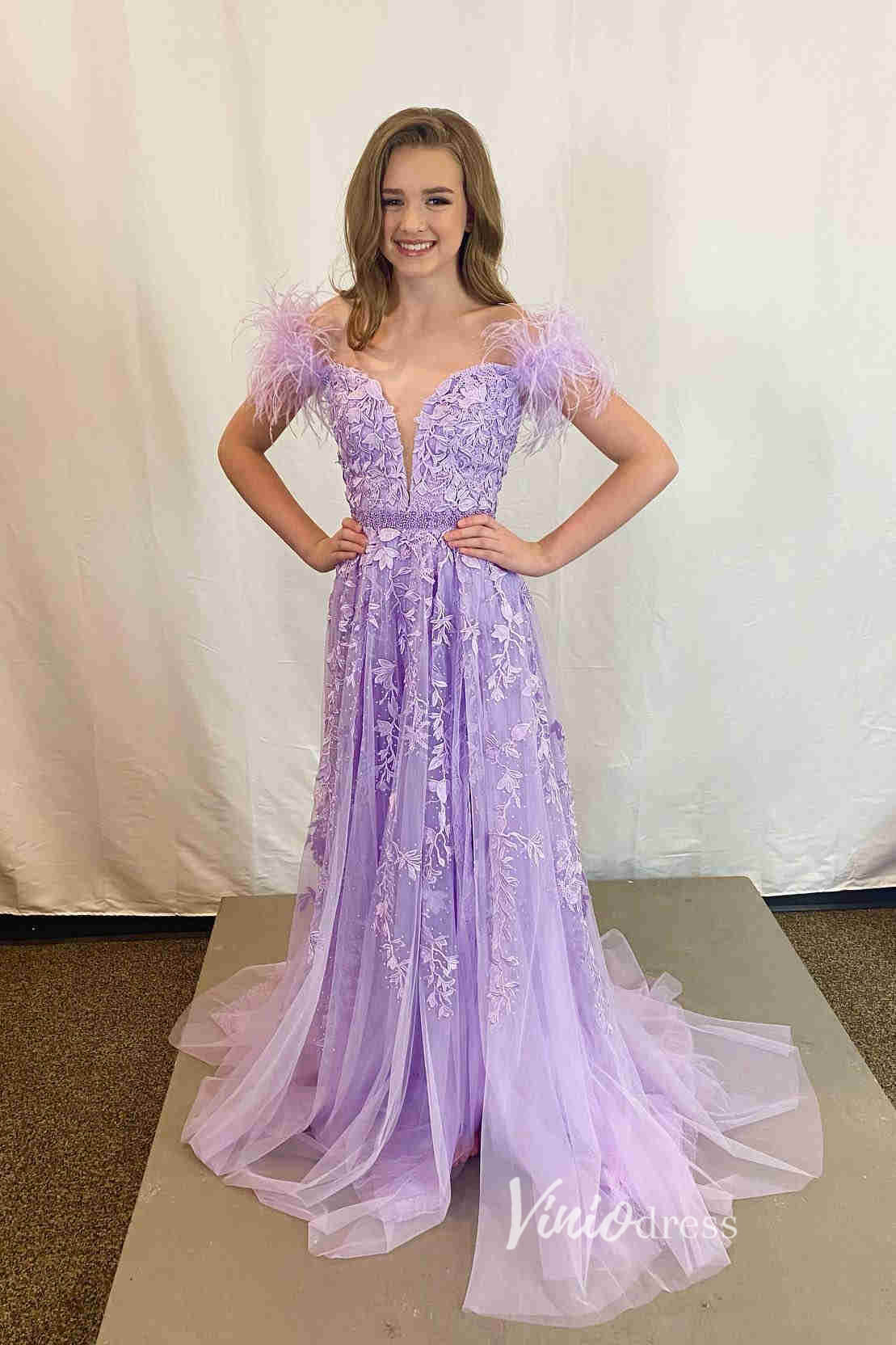 Lilac Lace Prom Dresses Lavender Feather Evening Dress with Slit FD126 – Viniodress