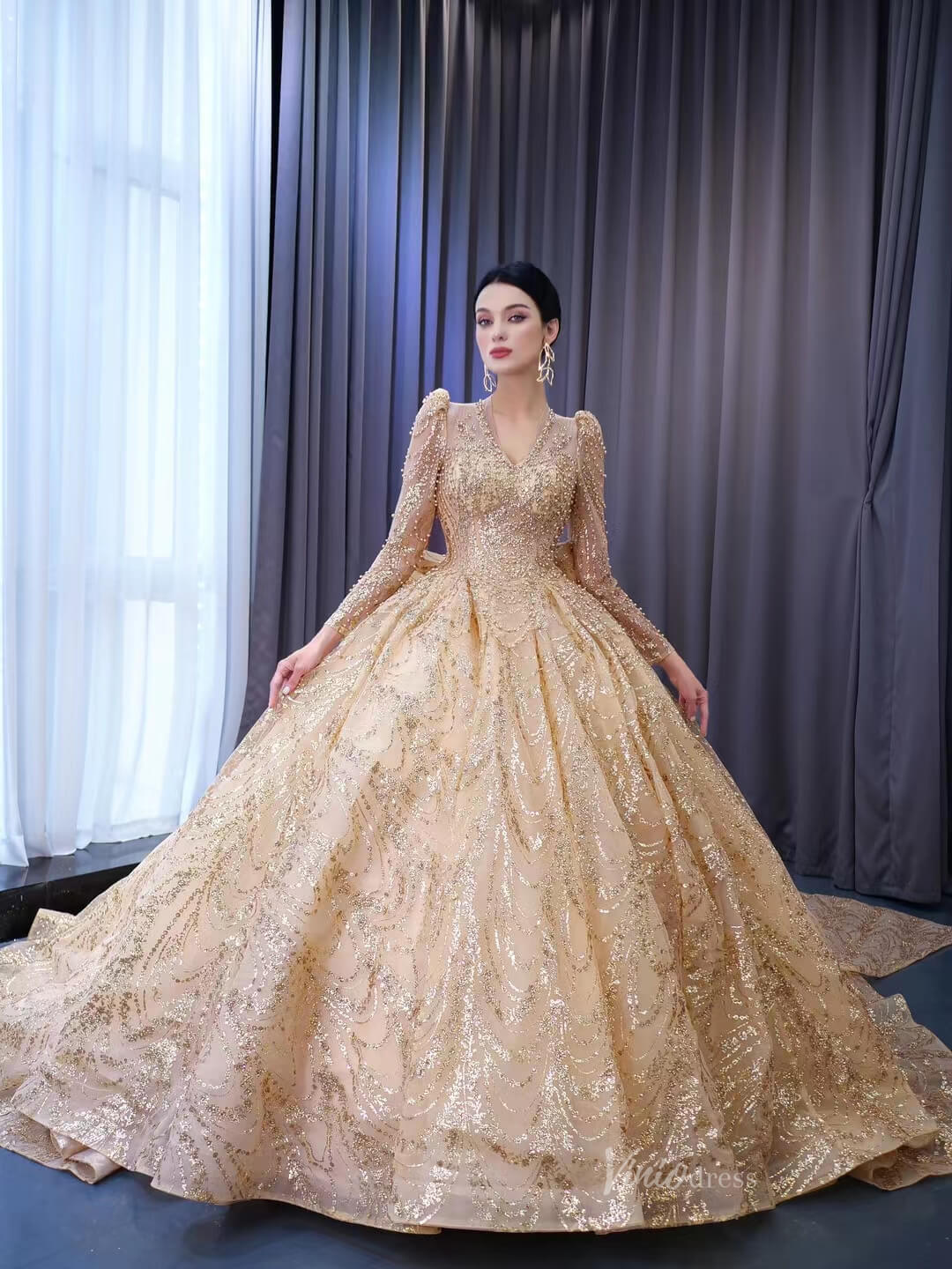 Long Sleeve Gold Ball Gown Wedding Dresses with Bow 222231 – Viniodress