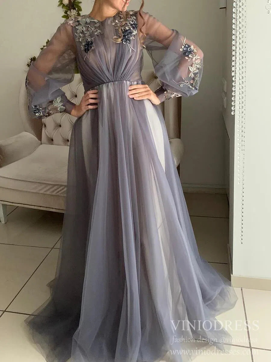 Long Sleeve Grey Prom Dresses Embroidered Engagement Dress FD1654 – Viniodress