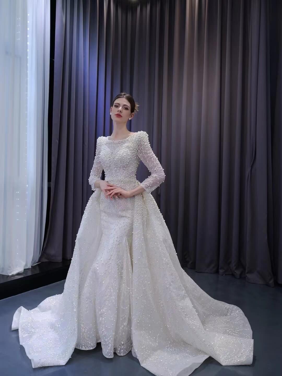 Long Sleeve Pearl Mermaid Wedding Dresses with Overskirt Train 222236 – Viniodress