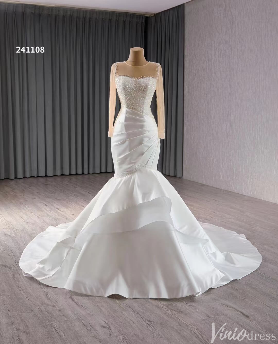 Long Sleeve Satin Mermaid Wedding Dresses Corset Back 241108 – Viniodress