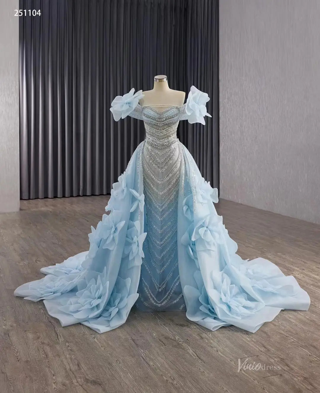 Luxury Baby Blue Beaded Pageant Dresses Overskirt Wedding Gown with 3D – Viniodress
