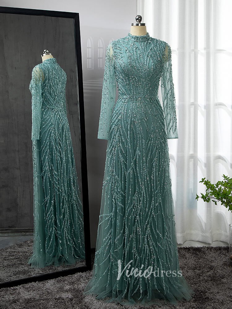 Luxury Beaded Evening Dresses High Neck Long Sleeve Mother of the Brid – Viniodress