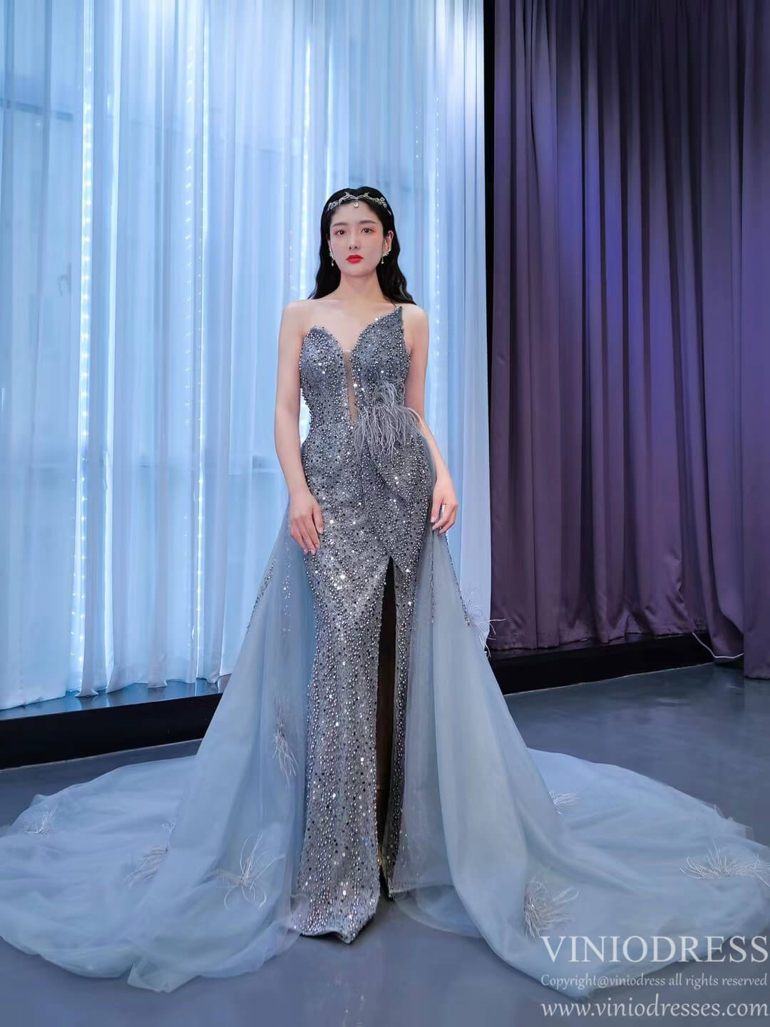 Luxury Beaded Grey Overskirt Prom Dresses with Slit 67340 – Viniodress