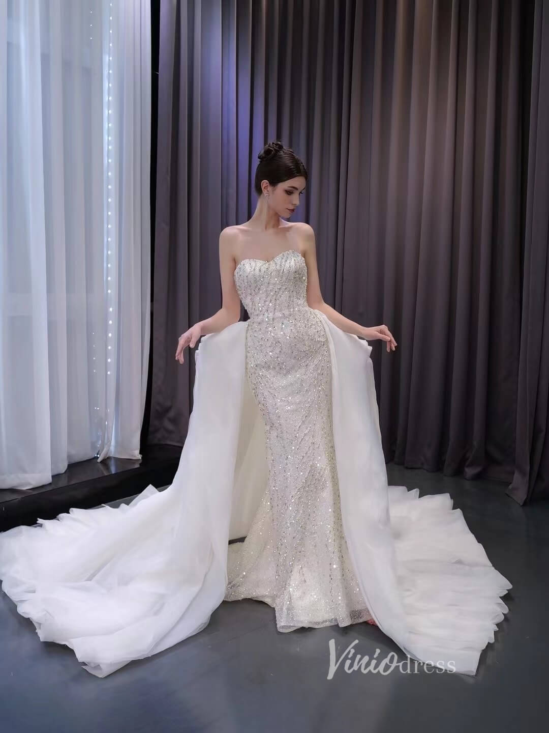 Luxury Beaded Mermaid Wedding Dresses with Ruffle Overskirt Train 2222 – Viniodress