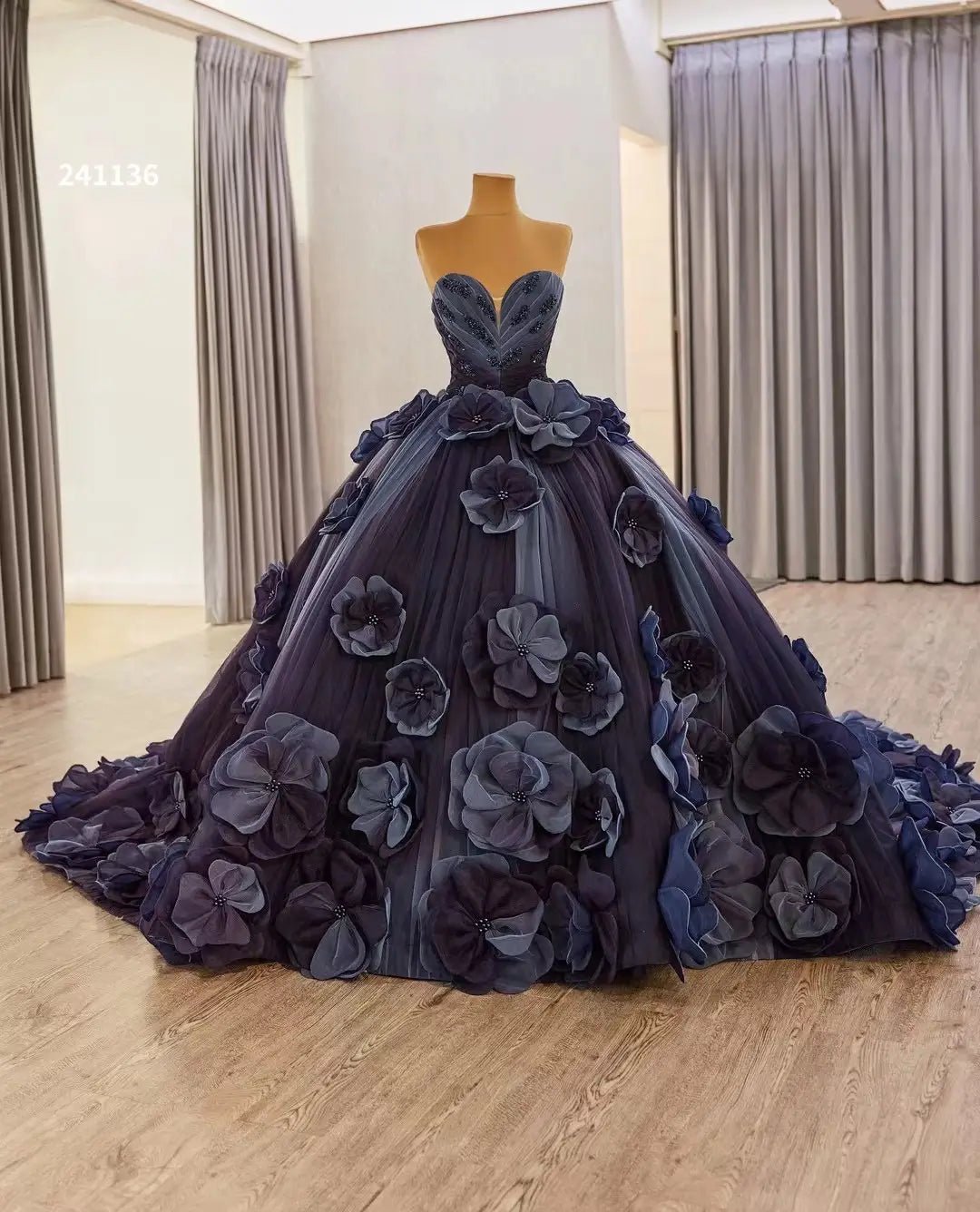 Luxury Navy Blue Petal Wedding Gown 3D Flower Debutante Dresses 241136 – Viniodress
