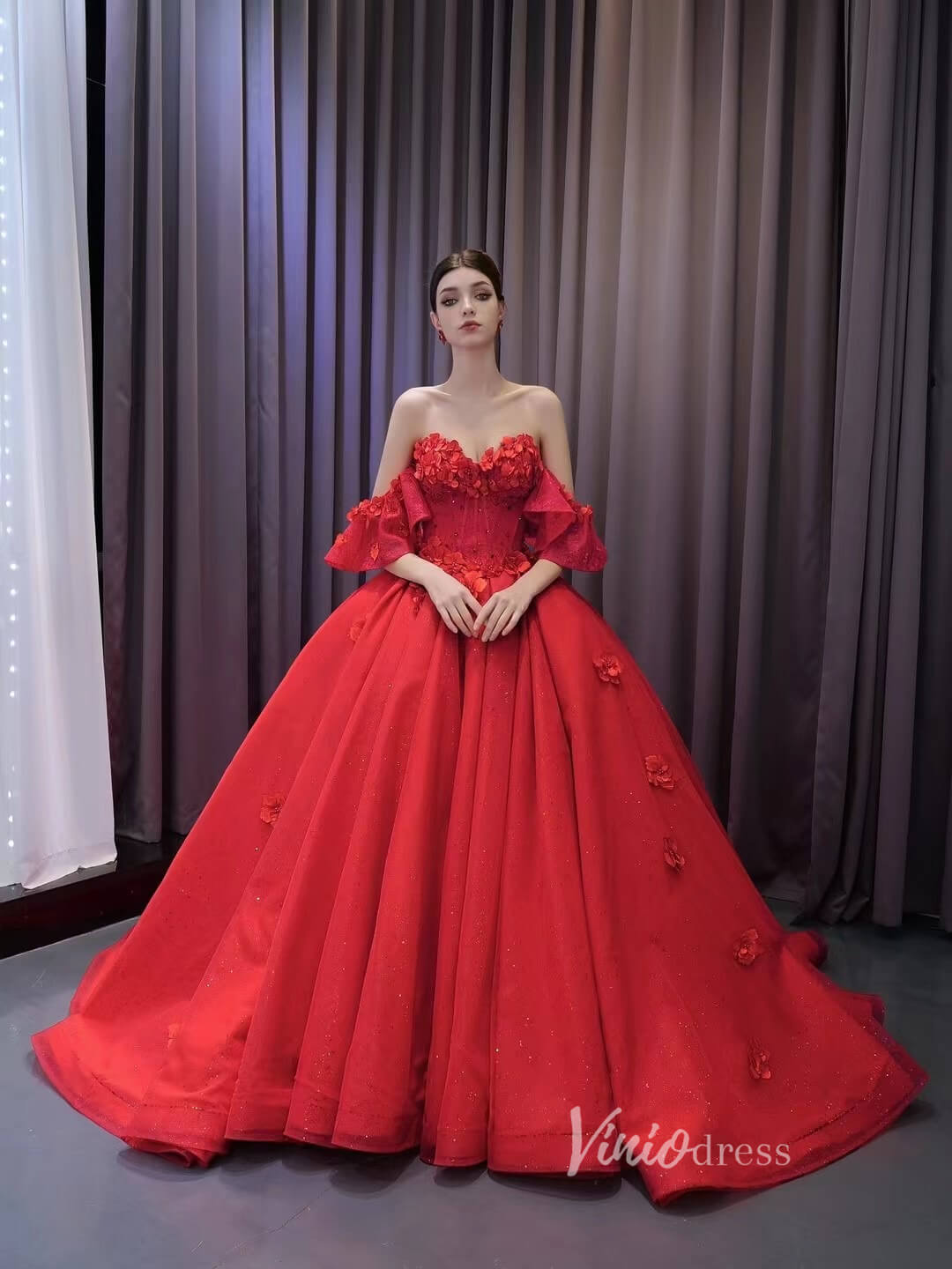 Luxury Sparkly Red Wedding Gowns 3D Flower Quince Dresses, Removable S – Viniodress