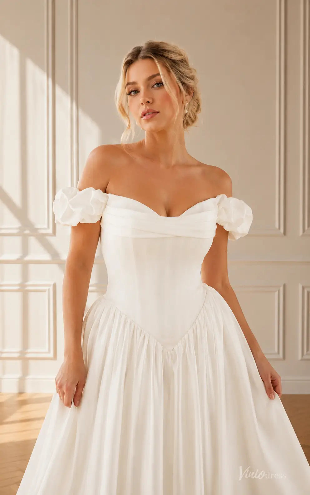 Romantic Ivory Satin A-Line Wedding Dress with Ruffled Off-Shoulder Sleeves and Basque Waist - MS187