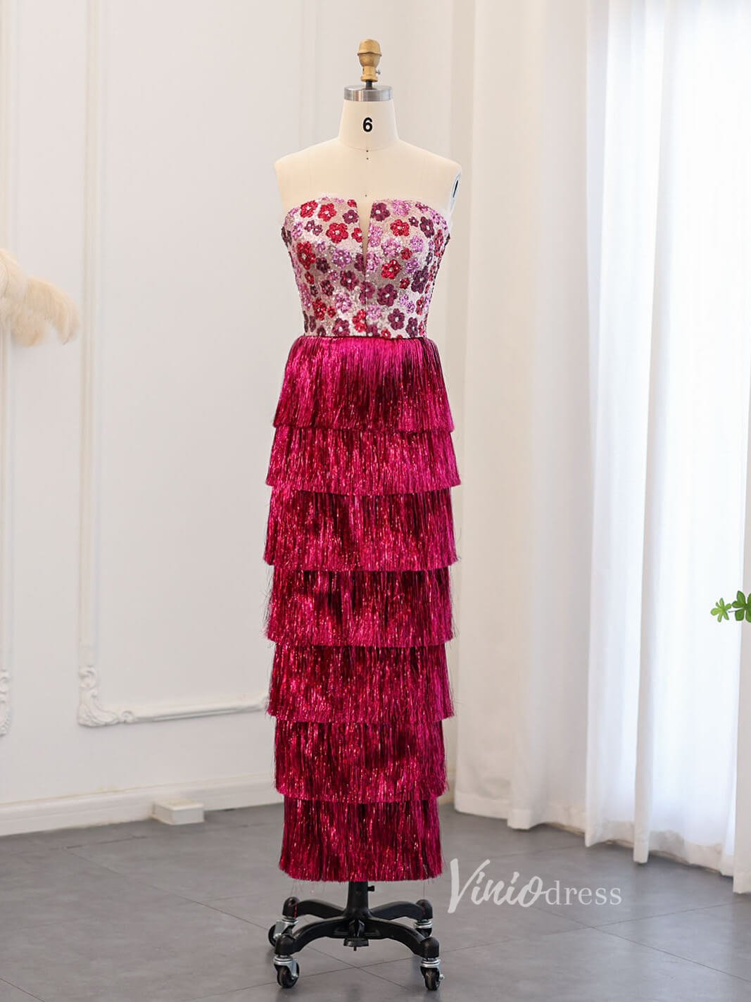 Magenta Floral Sequin Prom Dresses Tassel Tiered Formal Dress AD1180 – Viniodress