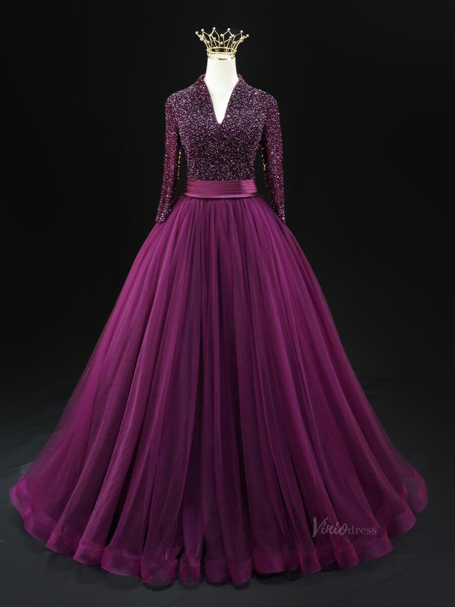 Magenta Tulle Prom Dresses with Long Sleeve, Beaded Bodice, V-Neck, Fo – Viniodress