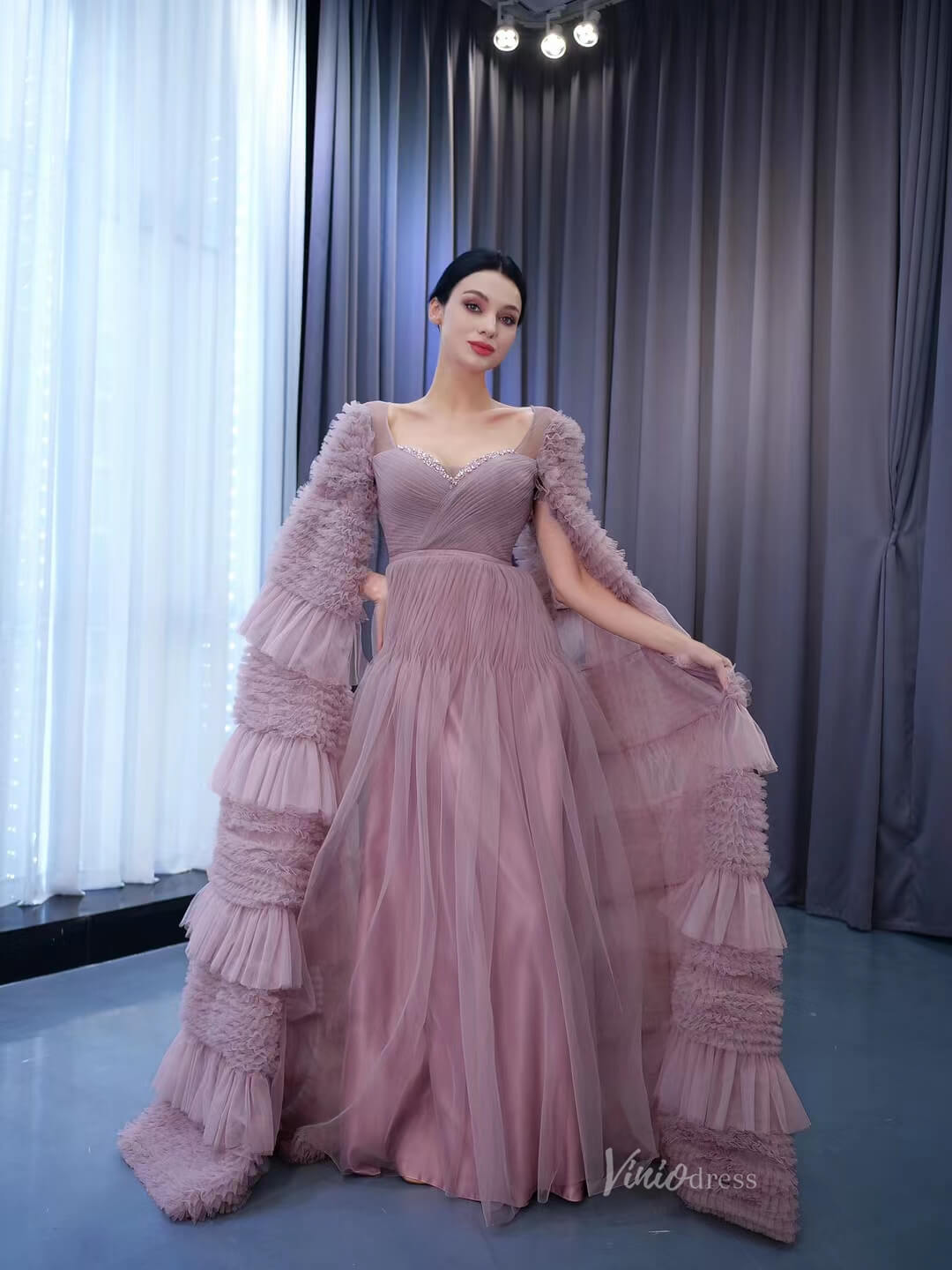 Mauve Ruffle Prom Dresses Cape Sleeve Formal Dress 222125 – Viniodress