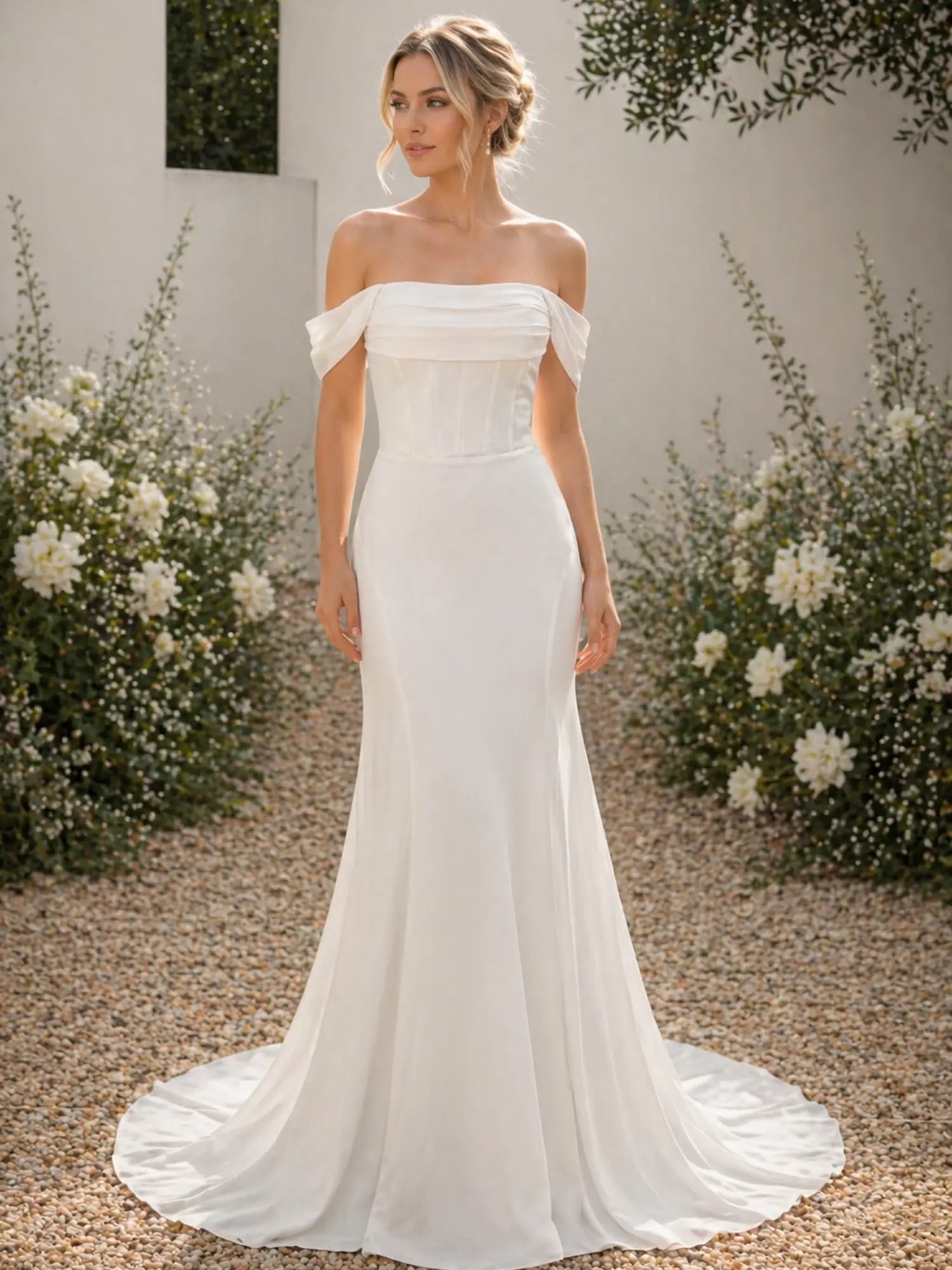 Timeless Off-Shoulder Satin Mermaid Wedding Dress with Button Train MN138 – Viniodress