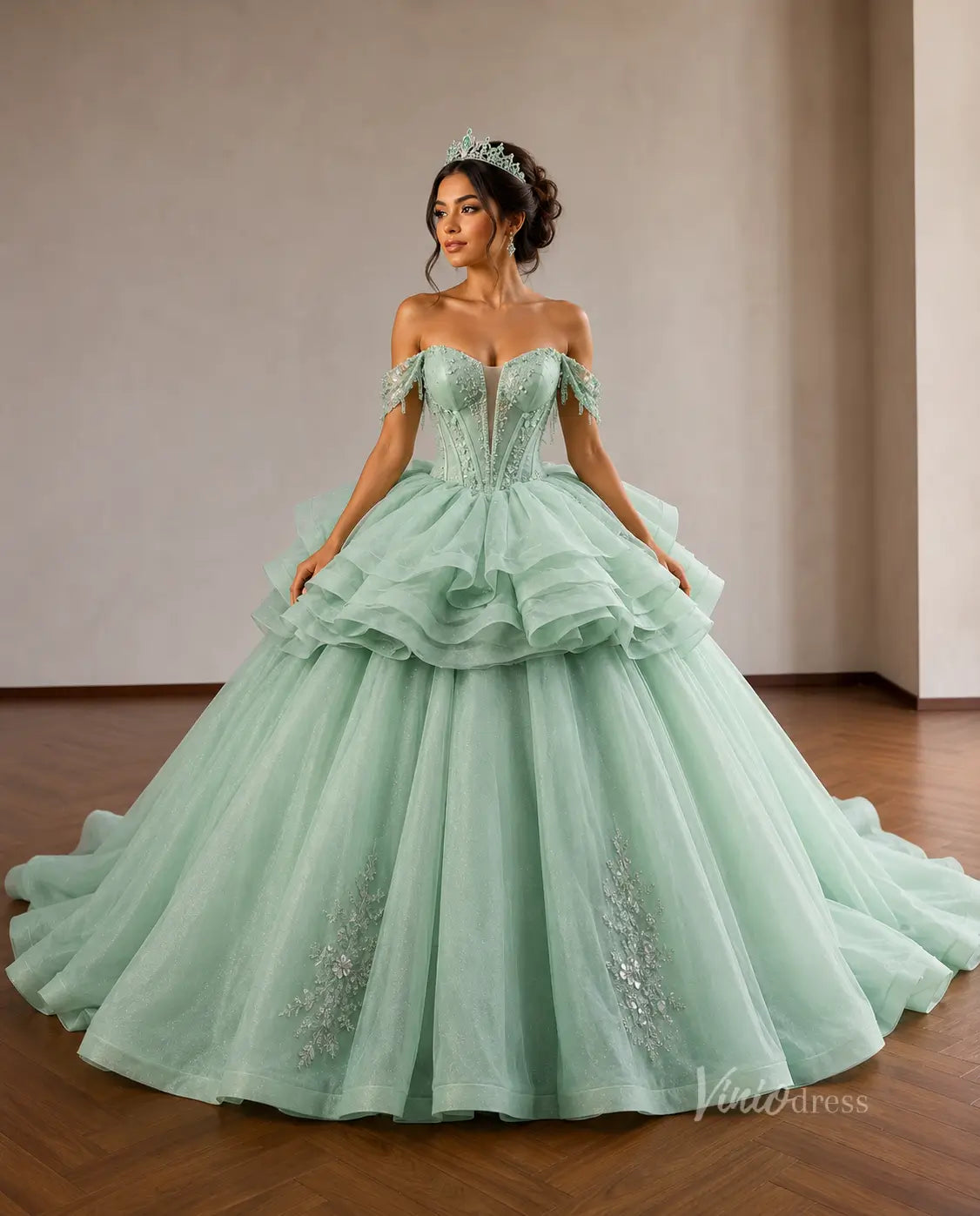 Mint Green Convertible Quinceañera Dress with Overskirt – 261082 – Viniodress