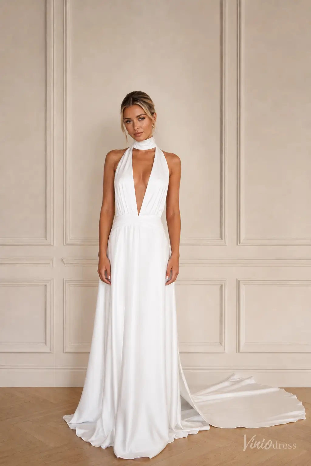 Modern Halter Satin Wedding Dress with Deep V-Neckline and Open Back – – Viniodress