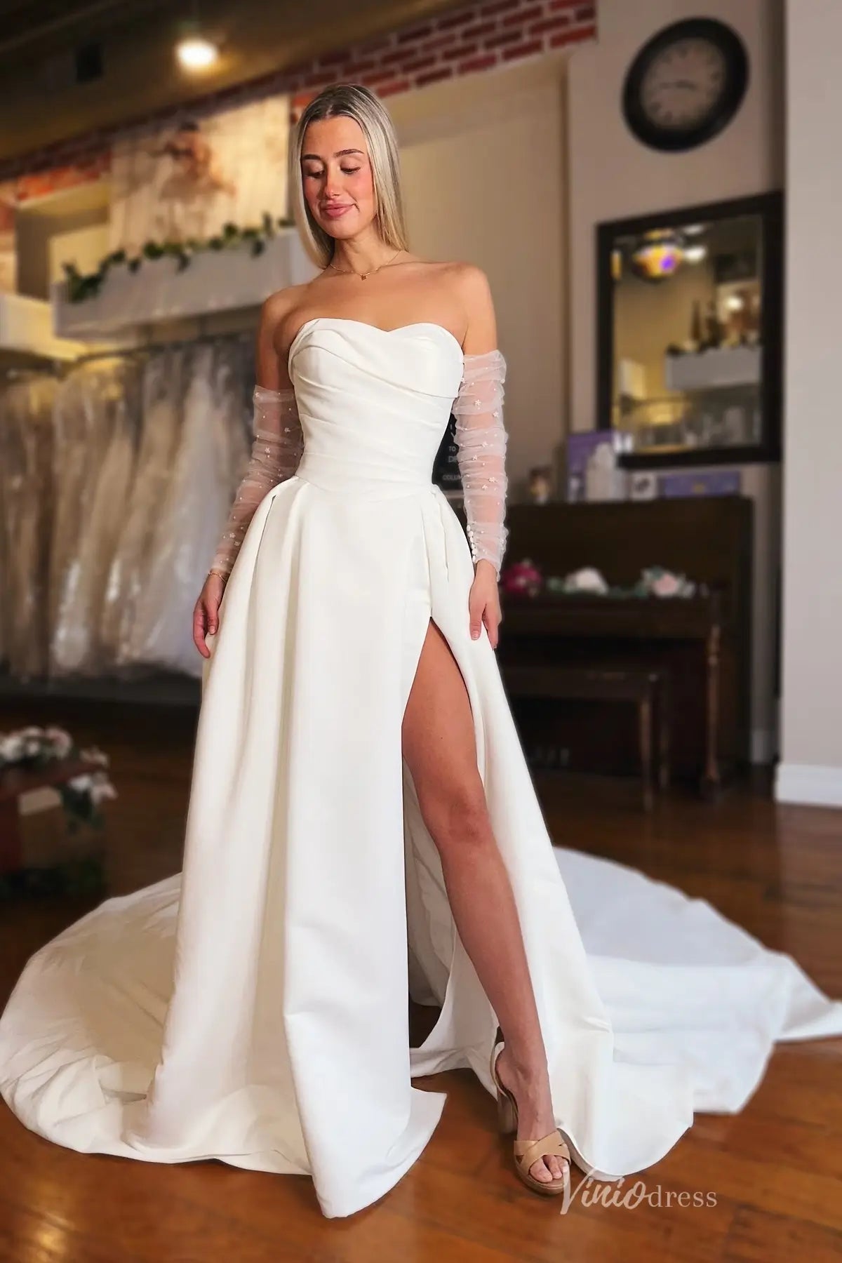 Ivory Satin A-Line Wedding Dress with High Slit & Chapel Train – MS130 – Viniodress