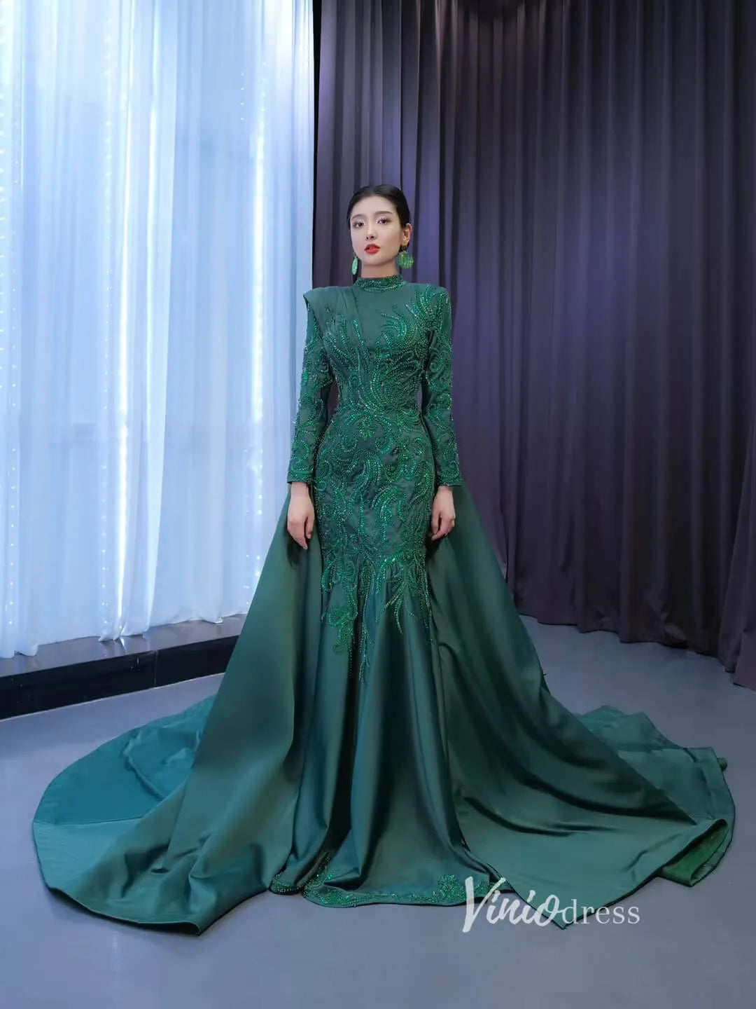 Modest Emerald Green Mermaid Wedding Dresses with Sleeves 67496 – Viniodress