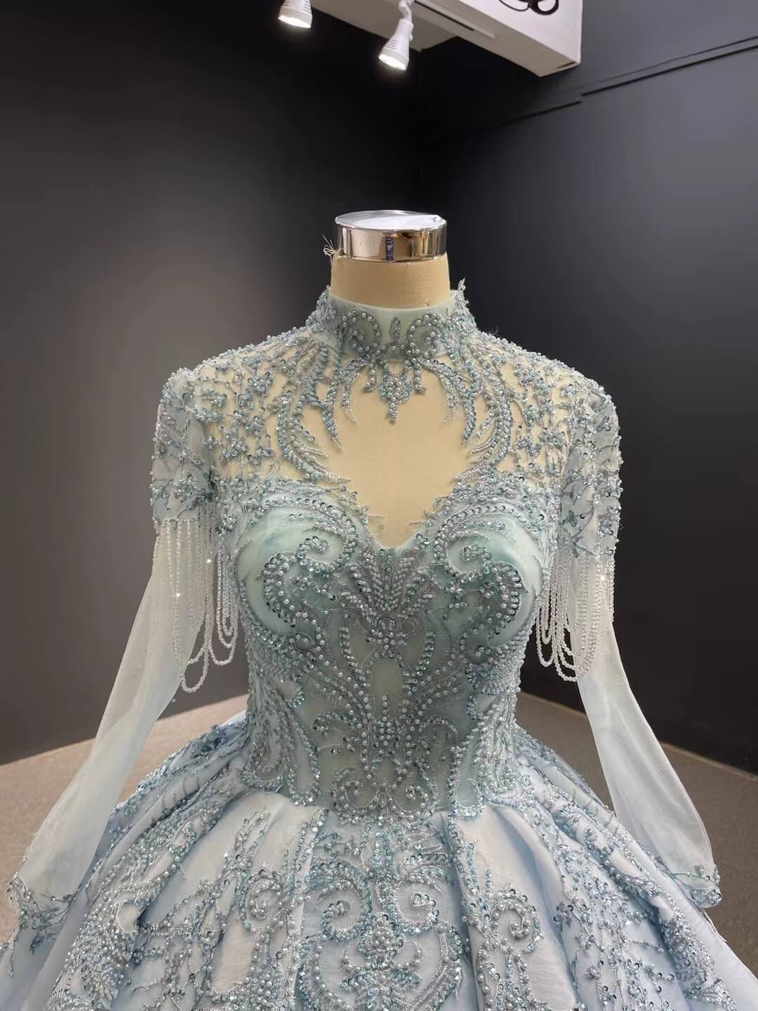 Beaded Light Blue Quince Dress High Neck Ball Gown with Sleeves viniodress-Quinceanera Dresses 2025 -Viniodress-Light Blue-Custom Size-