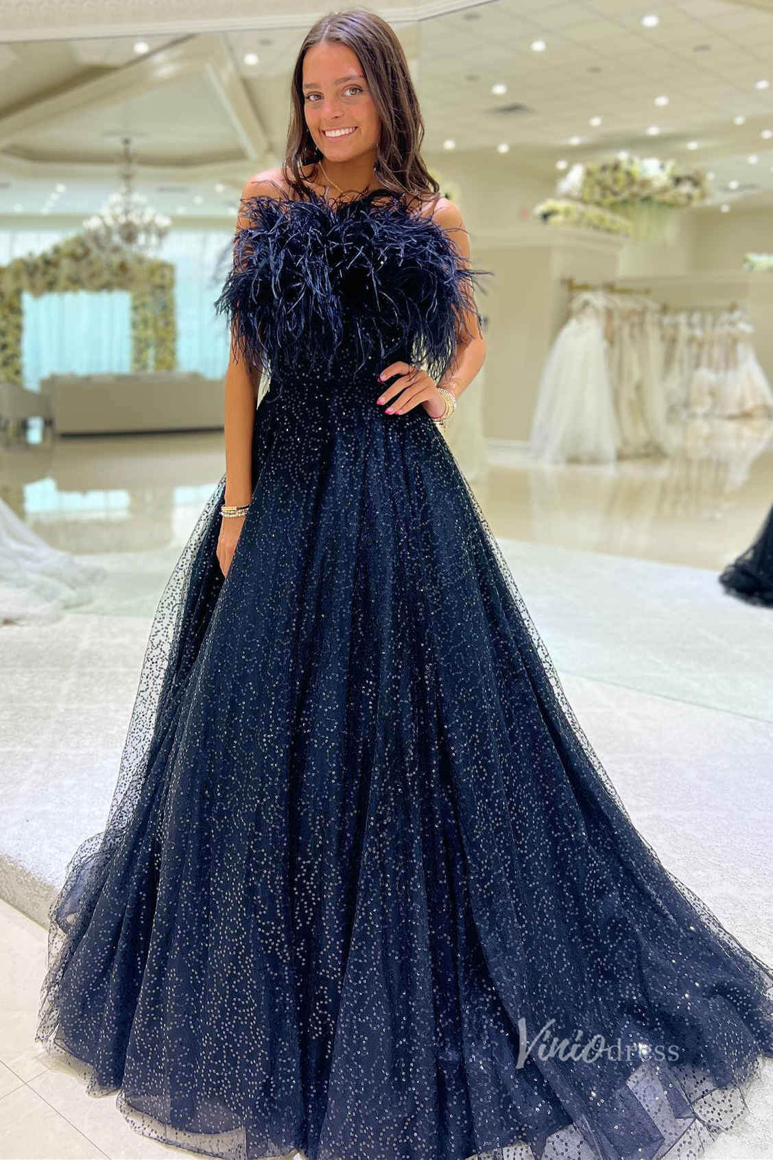 Navy Blue Feather Strapless Prom Dresses Beaded Sparkly Tulle FD3989 – Viniodress