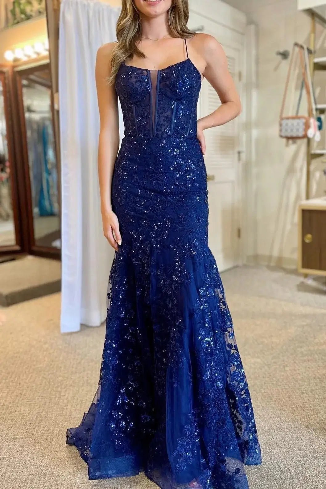 Navy Blue Sequin Lace Mermaid Prom Dress 2025 with Spaghetti Strap & P – Viniodress