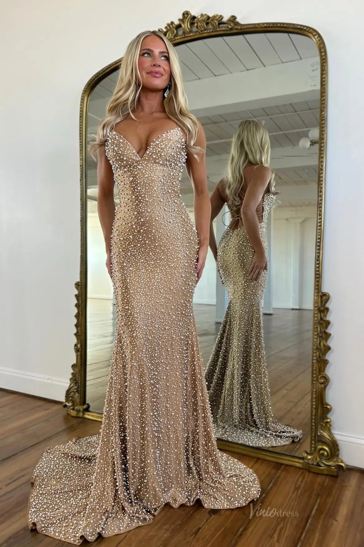 Nude Pearl Beaded Mermaid Prom Dress with Plunging V Neck – SS396 – Viniodress
