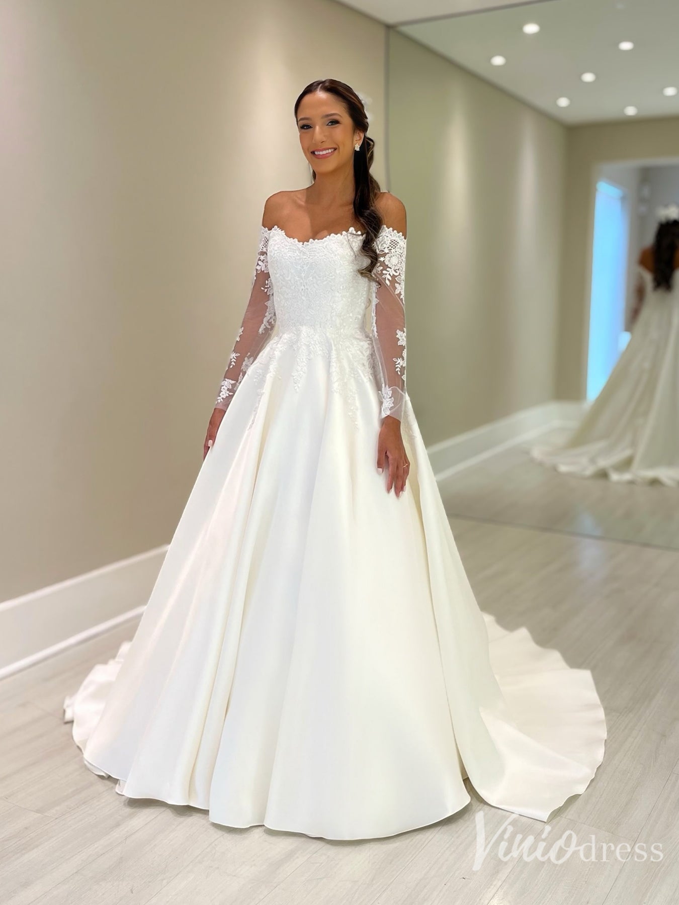 Off-Shoulder Satin Ball Gown Wedding Dress with Lace Sleeves – VW2570 – Viniodress