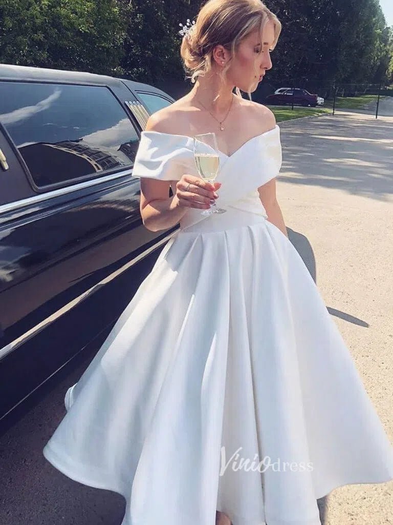 Off White Cocktail Dress with Pockets Off Shoulder Midi Prom Dress SD1 – Viniodress