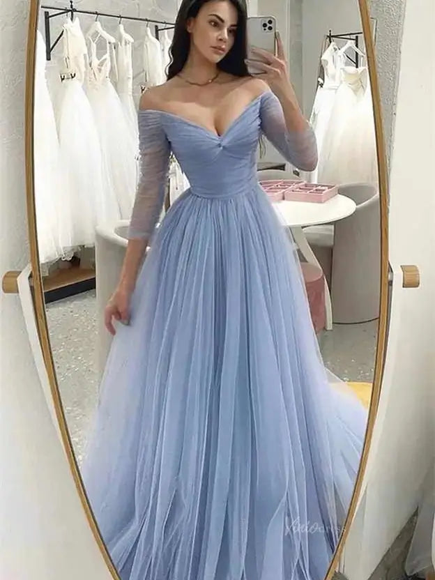 Off the Shoulder Pleated Tulle Prom Dresses with V-Neck & Long Sleeve – Viniodress