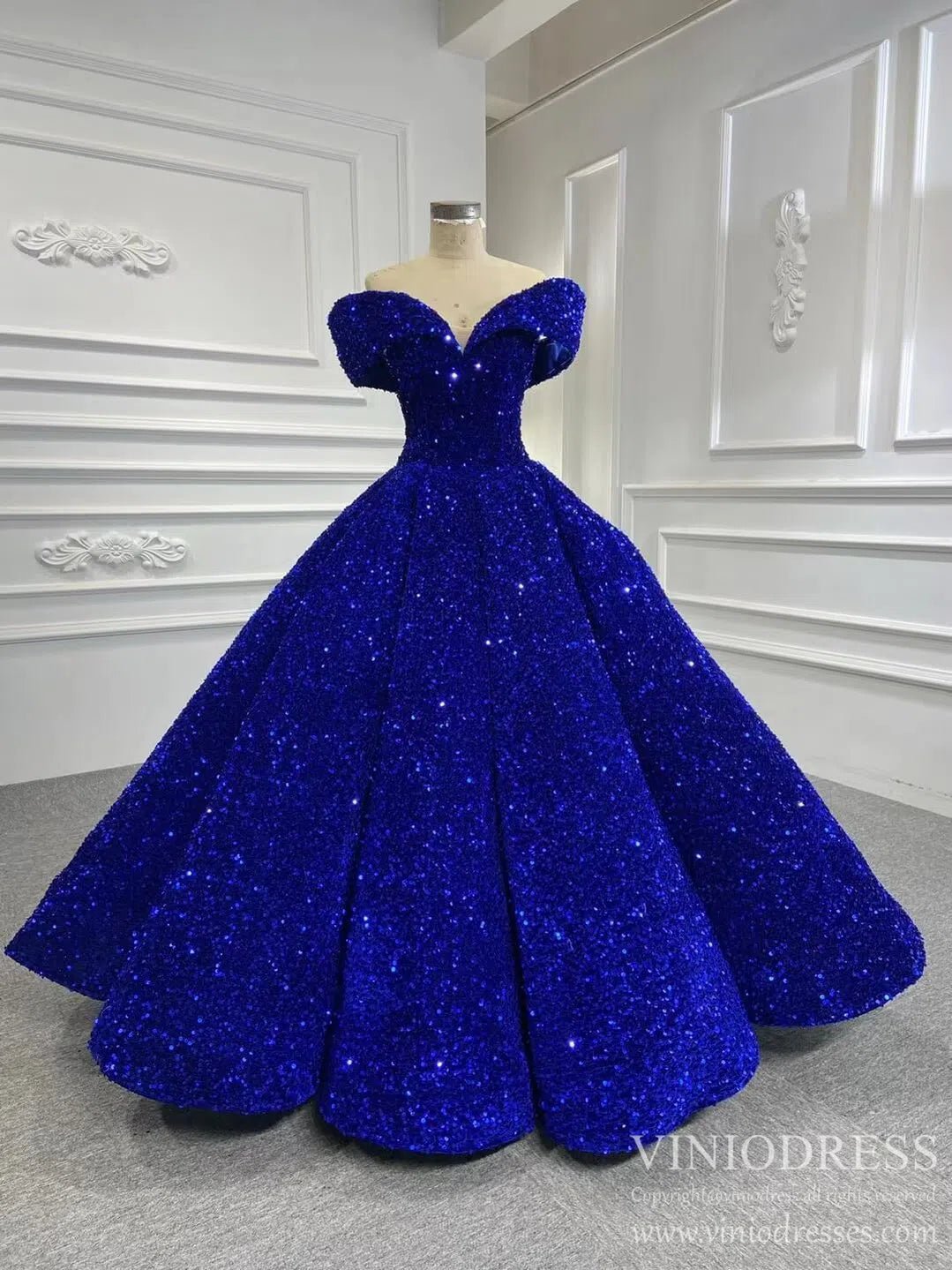 Off the Shoulder Royal Blue Sequin Ball Gown Quince Dresses 66536 vini – Viniodress