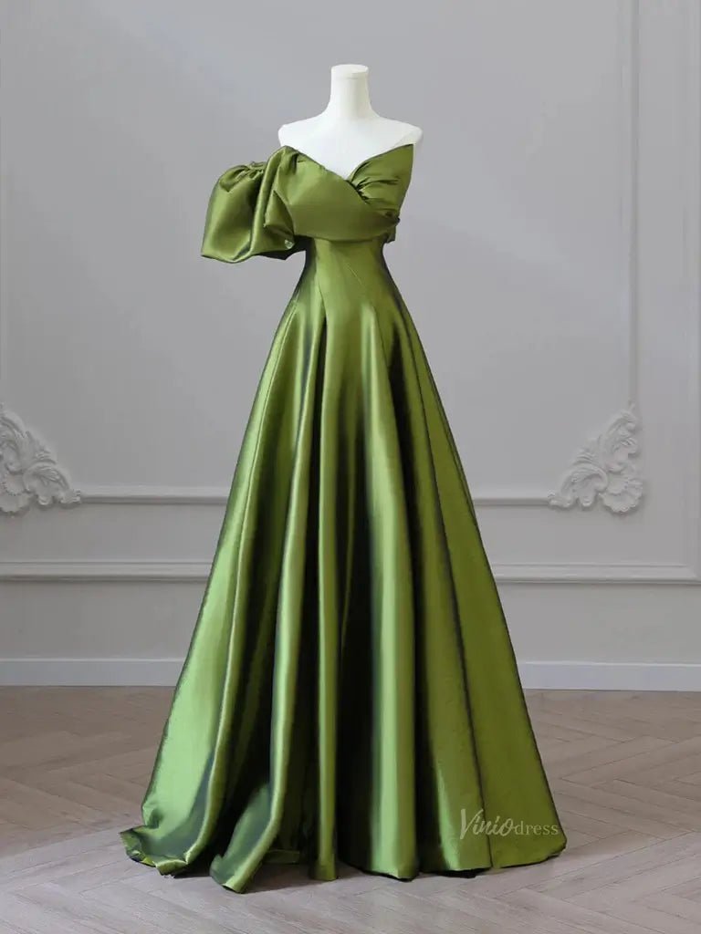 Olive Green Satin Prom Dresses with Sweetheart Neck & Puffed Sleeve