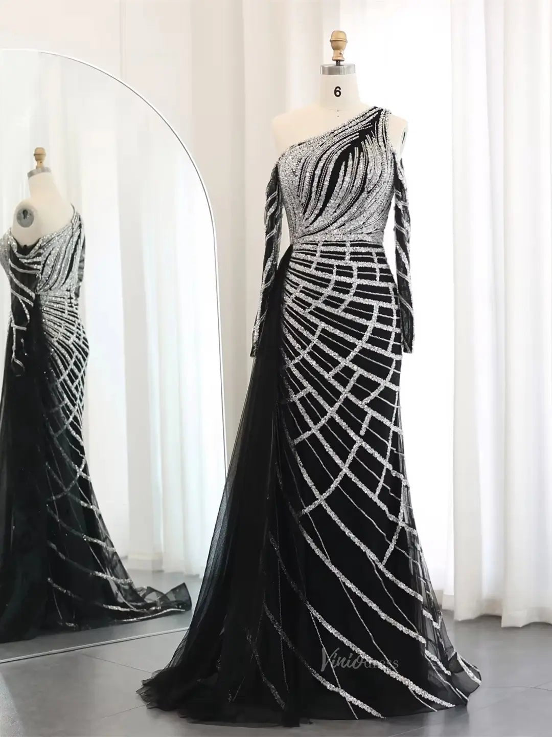 One Shoulder Beaded Prom Dresses with Long Sleeves, Tulle Overskirt BD027-Evening Dresses 2025 -Viniodress-Black-US 2-