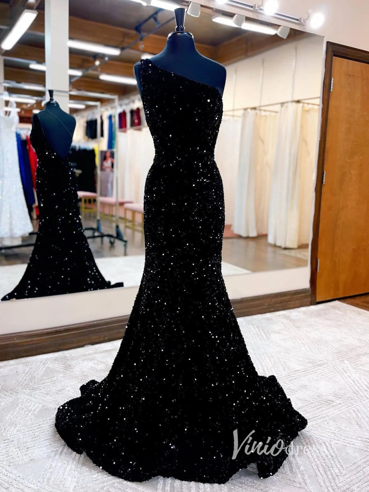 One Shoulder Burgundy Sequin Mermaid Prom Dress 2024 FD2845-prom dresses 2025 -Viniodress-Black-Custom Size-