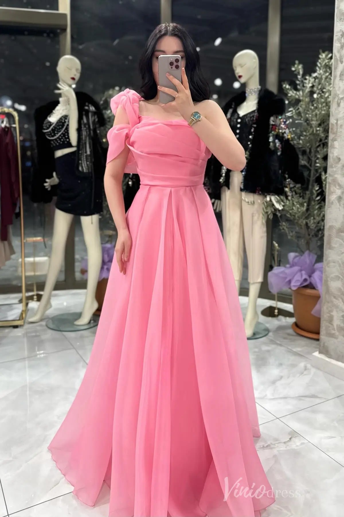 One-Shoulder Formal Dress with Puffy Sleeve, Ruched Bodice, and Flowing Organza Skirt – AS031-prom dresses 2025 -Viniodress-Pink-Custom Size-