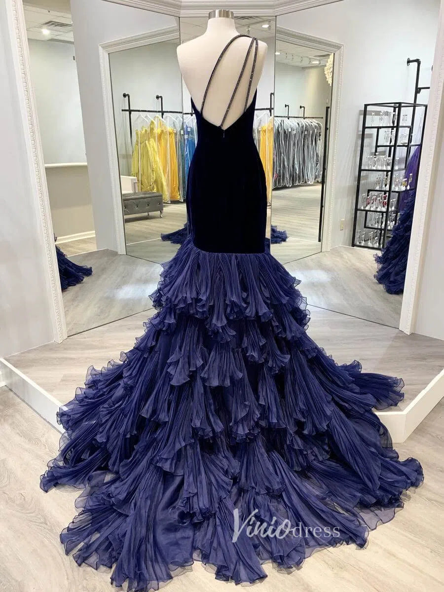 One Shoulder Mermaid Prom Dress Velvet Bodice & Pleated Ruffle Skirt Pageant Gown FD1499-prom dresses 2025 -Viniodress-Burgundy-Custom Size-