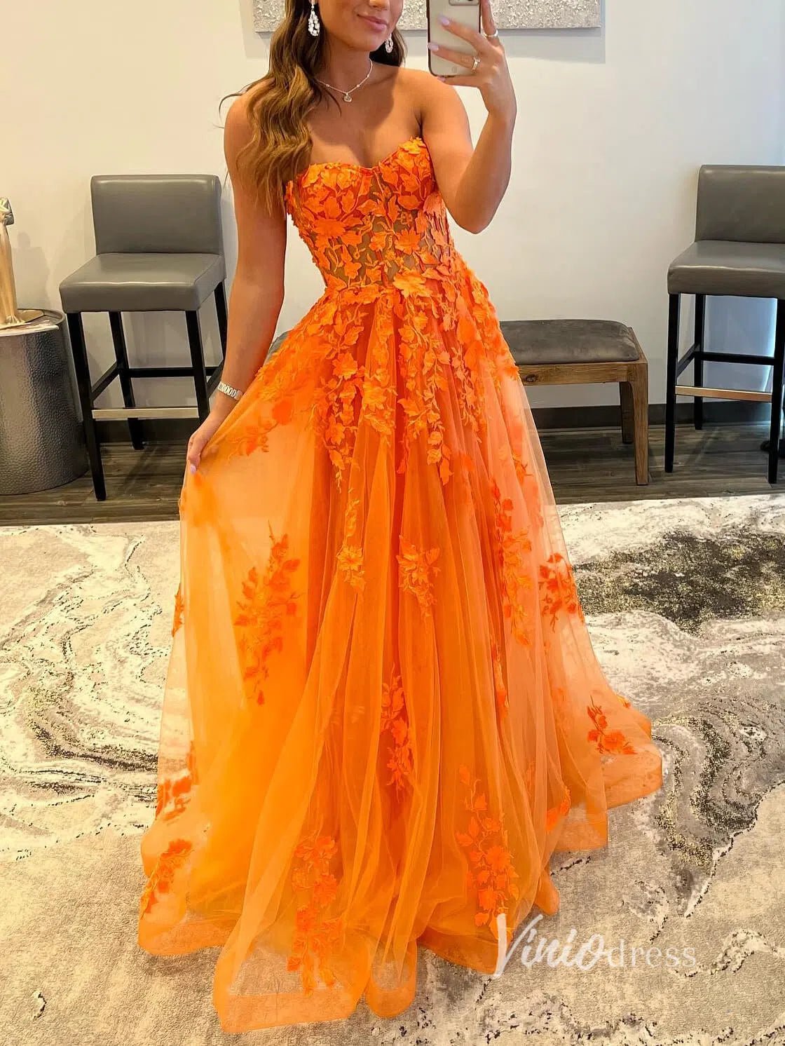 Orange Lace Applique Prom Dresses Strapless Evening Dress FD2940 – Viniodress