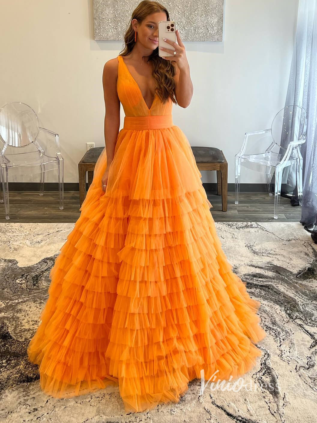 orange frill dress Layered Ruffle Prom Dresses Plunging V-Neck Evening FD292 – Viniodress Modest Bridal by Mon sku_ES8015MA-2-Pink-FO Pixie has a flattering Size:3/Medium
