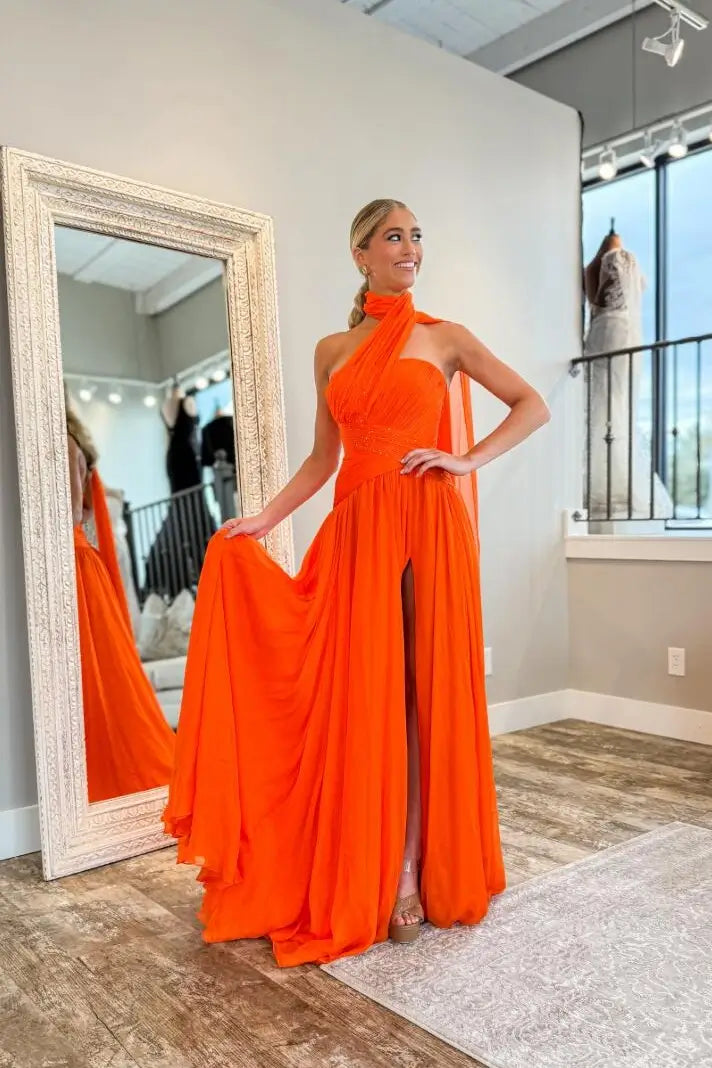 Orange Scarf-Neck Chiffon Prom Dress with High Slit – AE2001 – Viniodress