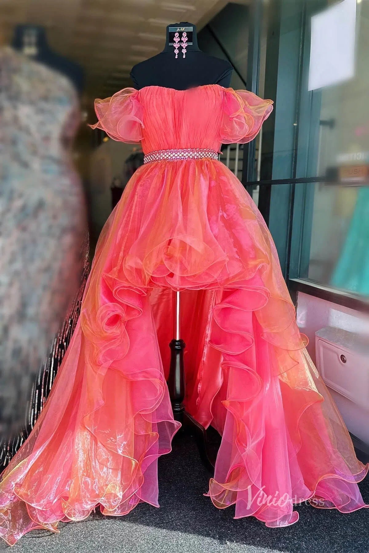 Orange and Pink Organza High Low Prom Dresses Tiered Pleated Beaded Waist FD3990