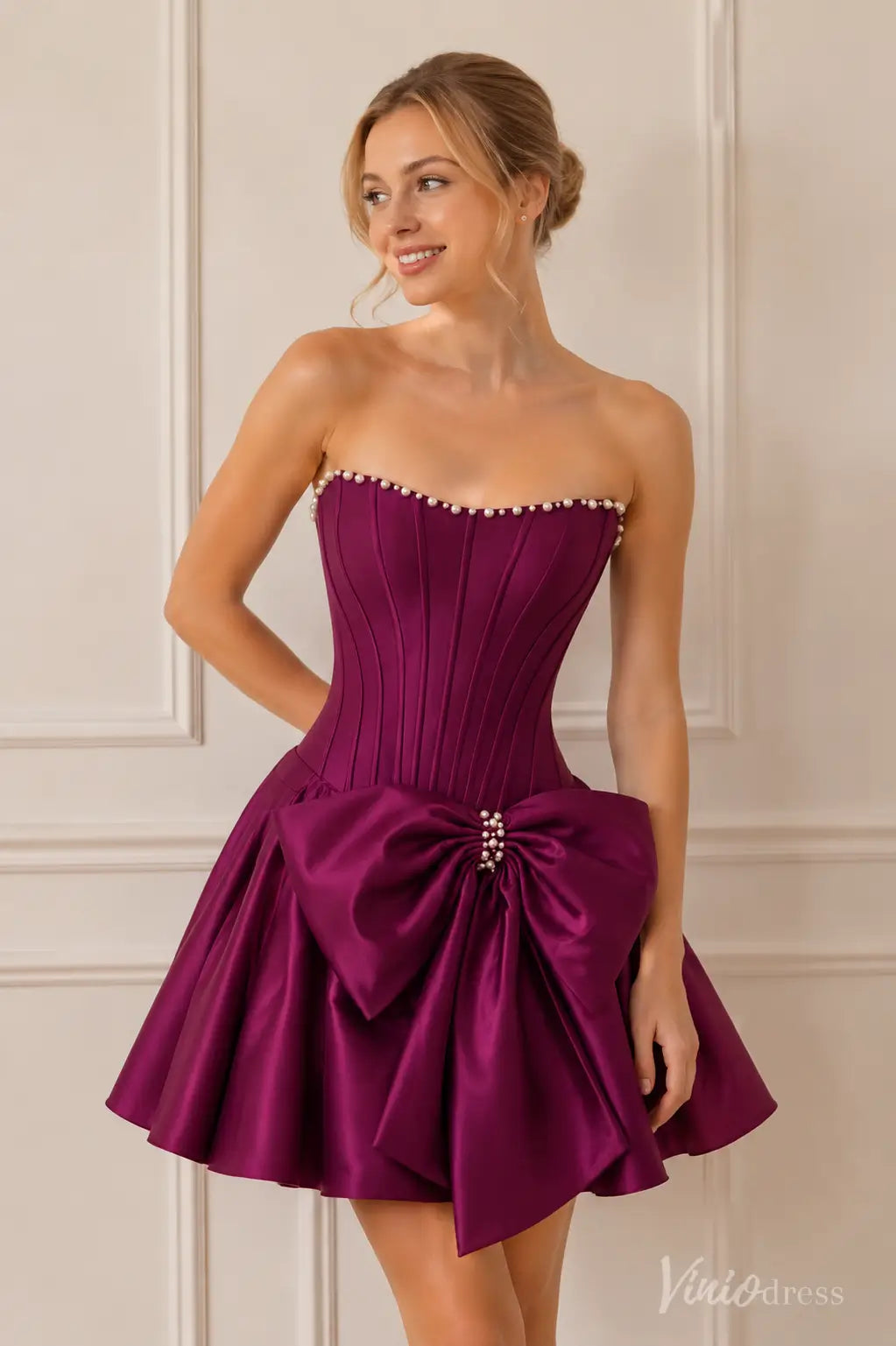 Bow Corset Homecoming Dress with Pearl Trim